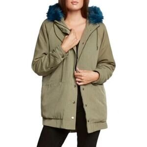 Willow & Clay NWT Women's Blue Fur Trim Anorak Hooded Parka Jacket Size XS